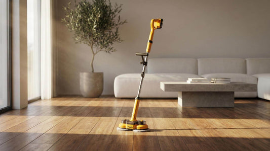 Hyper-realistic interior photography, modern minimalist living room with warm wood flooring