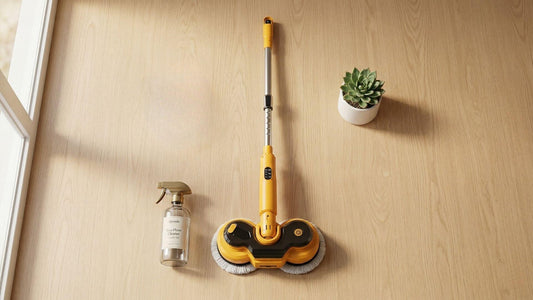Organized flat lay of Qimedo M2 automatic floor mop and clean microfiber pads.