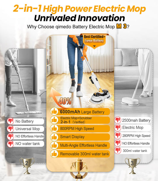 qimedo Battery Electric Mop M3, 800RPM Cordless Electric Power Scrubber & Mops Qimedo