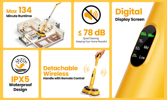 M2 Cordless Electric Mop Features Overview: Self-Propelled, LED Headlight, 300ml Water Spray, 134min Battery, and Accessories Kit