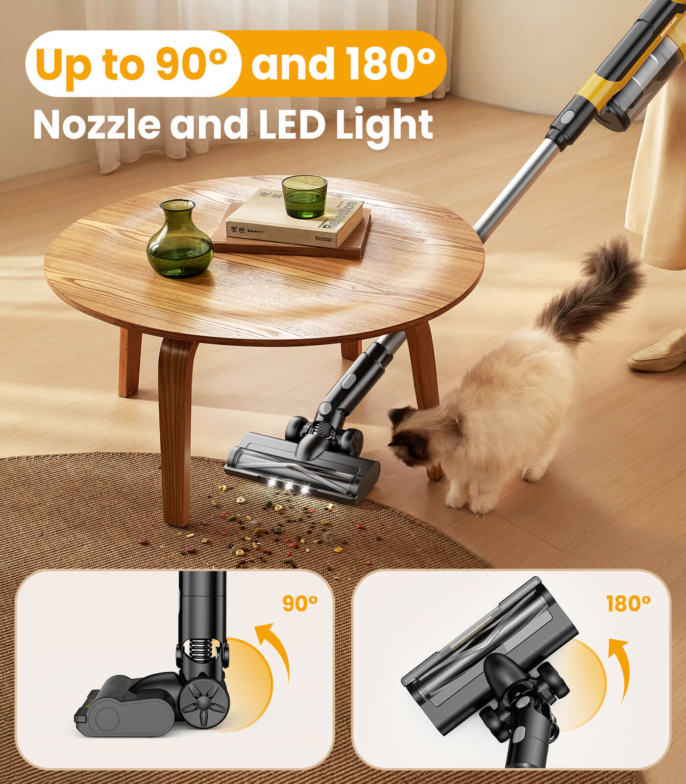 Cordless vacuum cleaner with 180 degree rotation and LED headlights