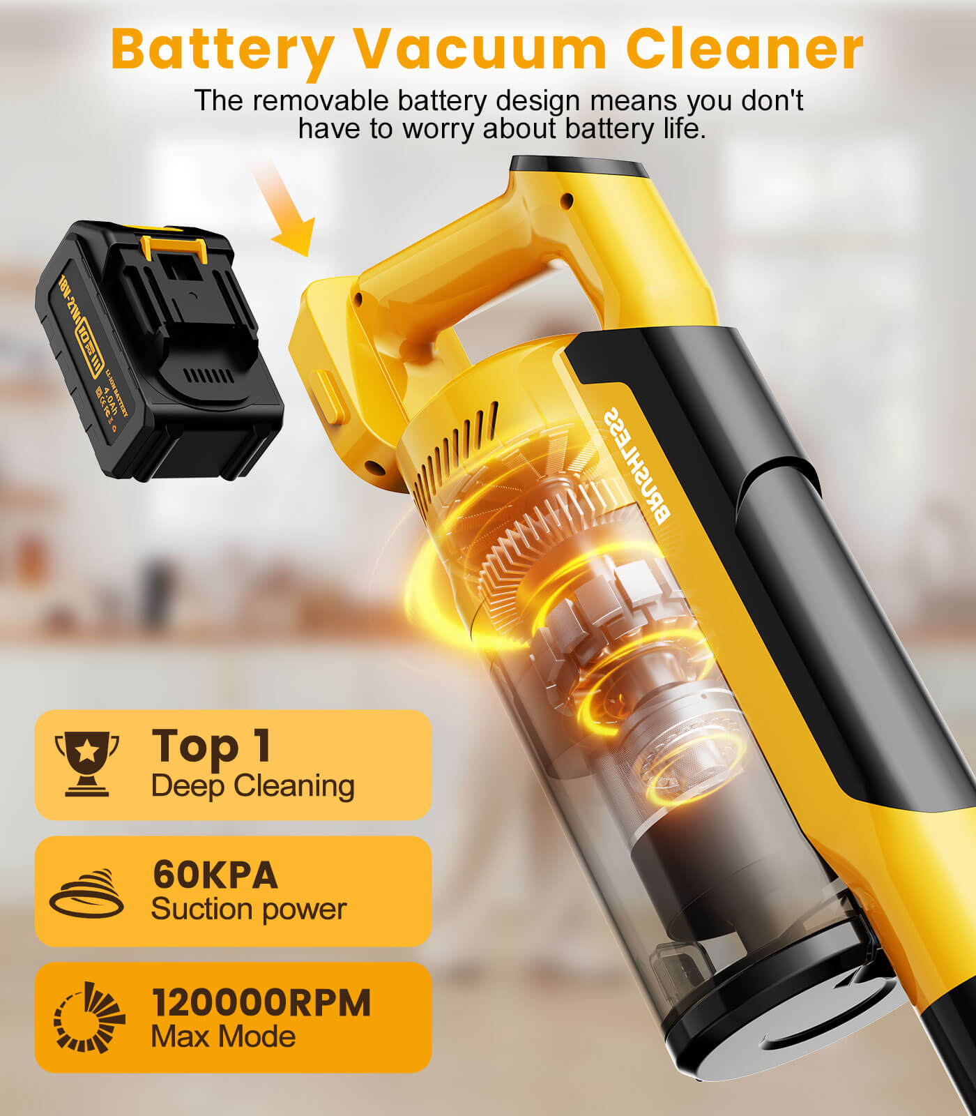Cordless stick vacuum with 120000 RPM brushless motor and HEPA filter