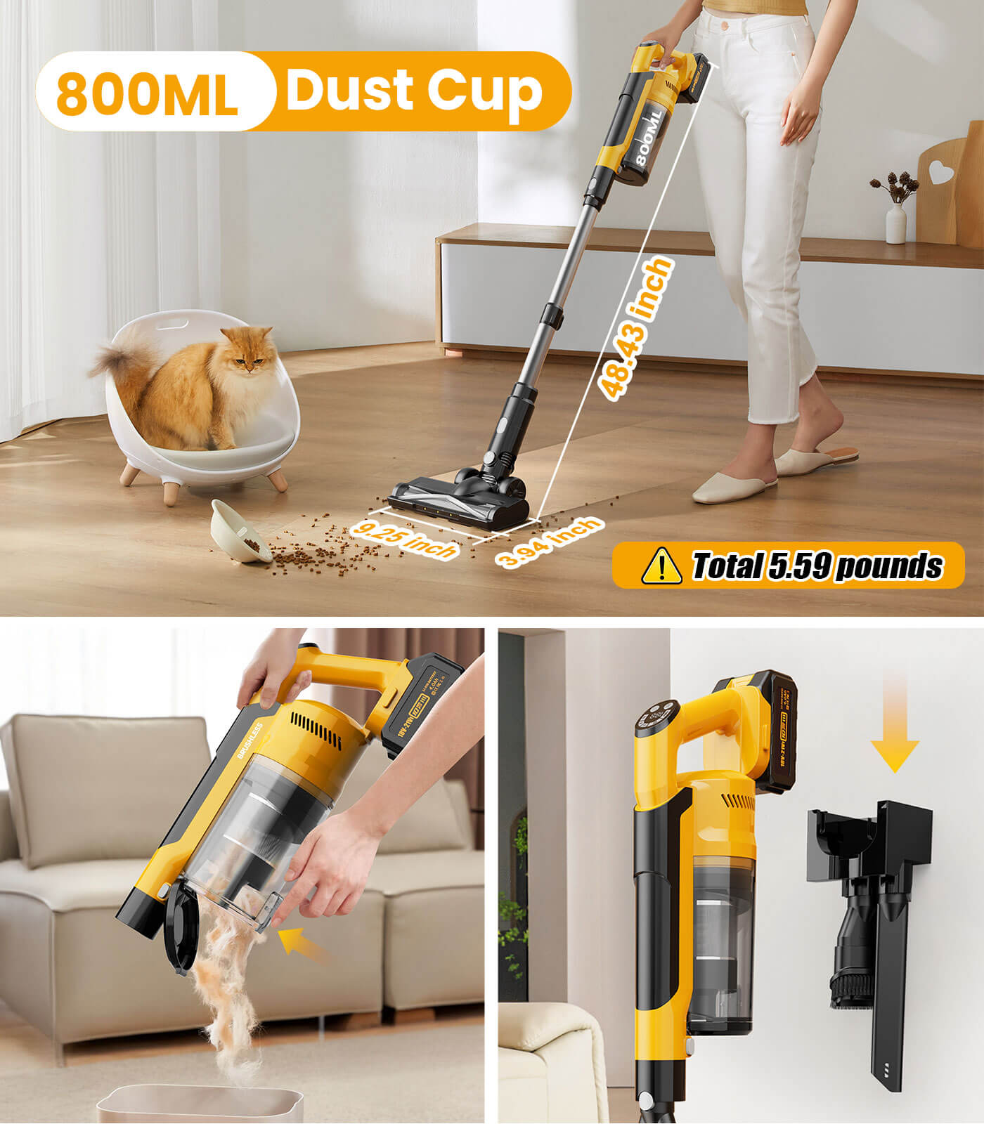 Cordless stick vacuum with 120000 RPM brushless motor and HEPA filter