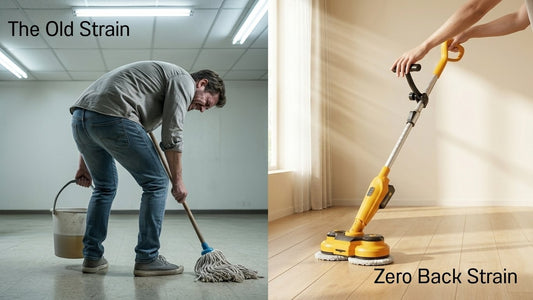 Before and after comparison showing a woman struggling with a traditional mop versus effortlessly gliding the Qimedo M3 Pro cordless mop.