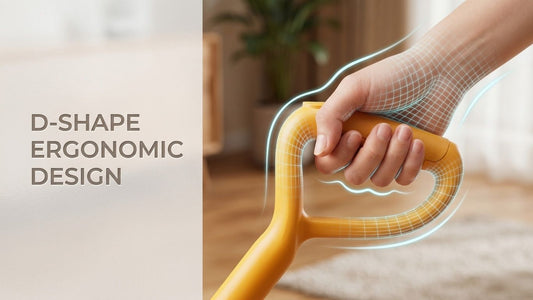 Close-up of the ergonomic D-shape handle on the Qimedo M3 Pro electric mop, designed to reduce back and wrist strain during cleaning.