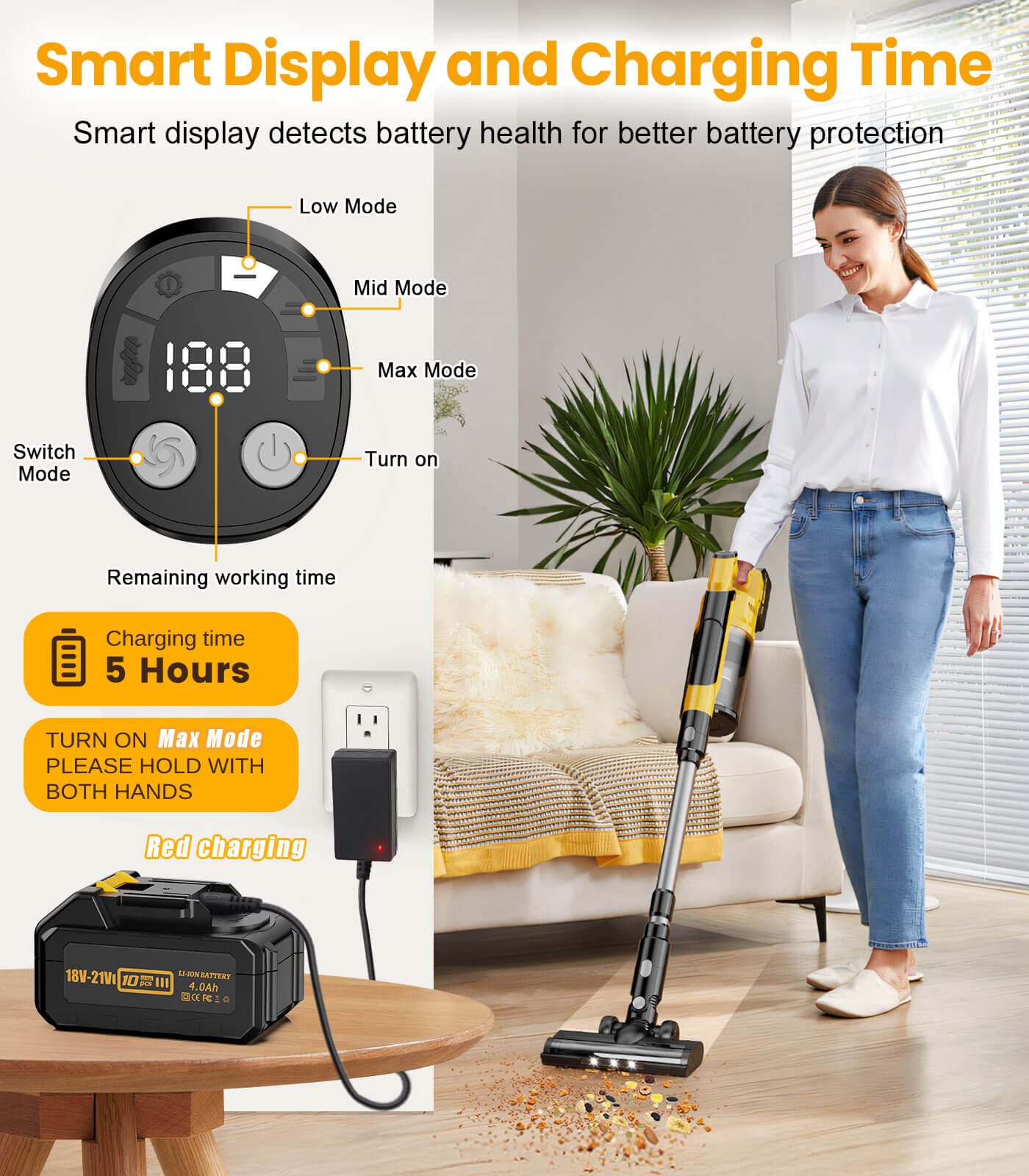 Smart LED display showing battery life and suction levels on Qimedo vacuum