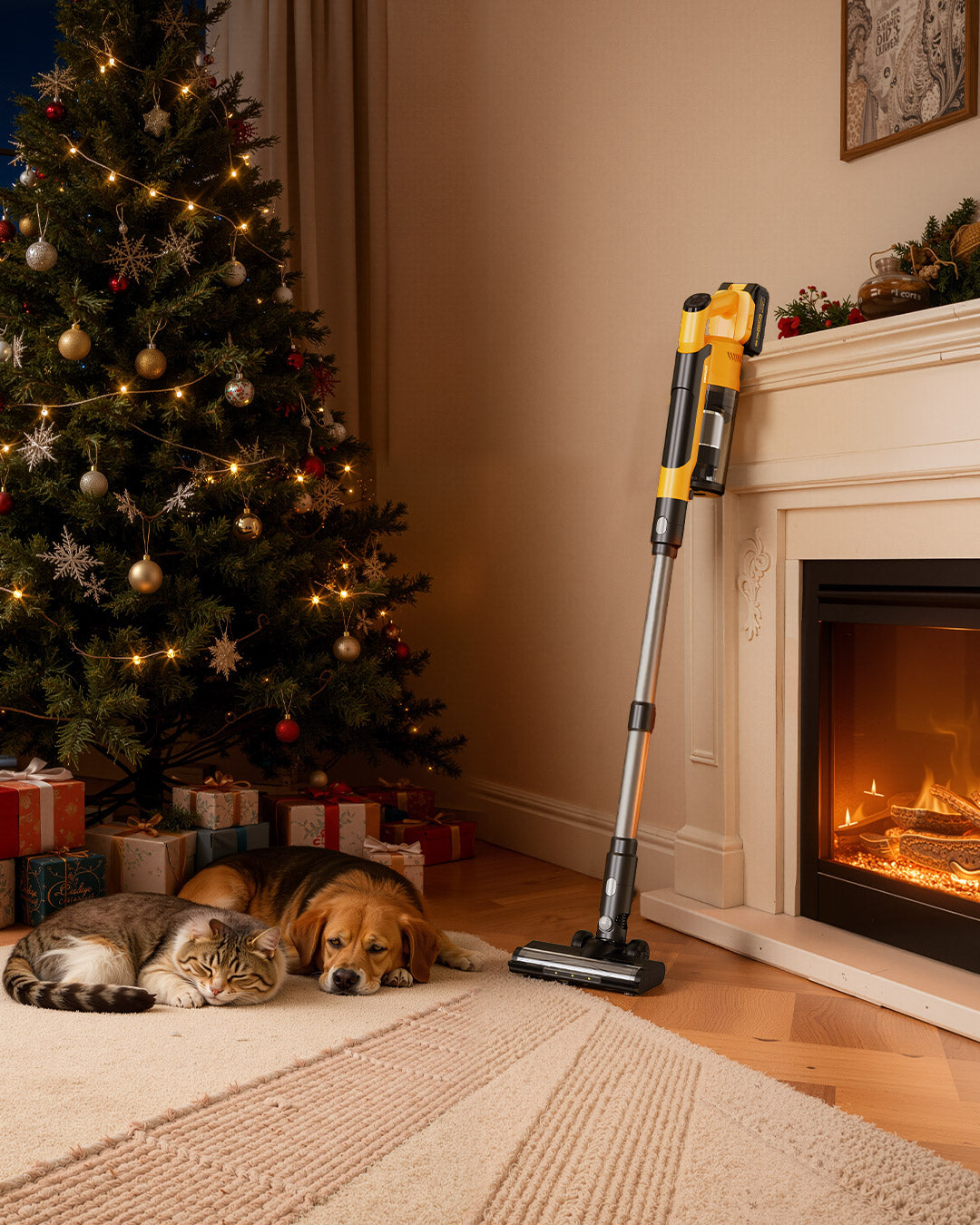A cozy living room with Qimedo cleaning tools ready for Christmas cleaning, showing a real-life home with festive decor