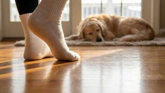 Qimedo cordless electric mop next to muddy paw prints, demonstrating quiet operation safe for pets.