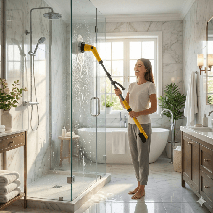 Woman cleaning shower glass standing upright using Qimedo Q3 yellow electric spin scrubber with ergonomic long handle and angled brush head.