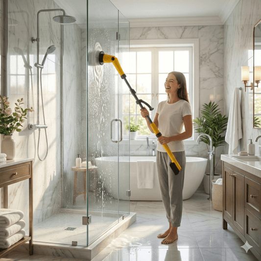 Woman cleaning shower glass standing upright using Qimedo Q3 yellow electric spin scrubber with ergonomic long handle and angled brush head.
