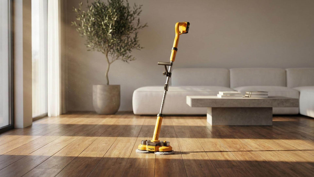 Hyper-realistic interior photography, modern minimalist living room with warm wood flooring