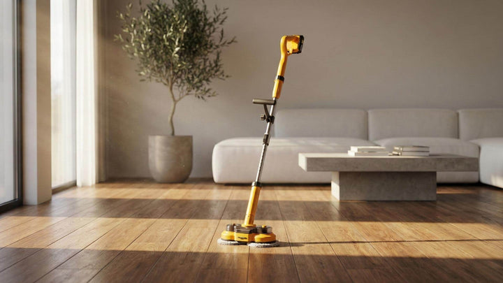 Hyper-realistic interior photography, modern minimalist living room with warm wood flooring