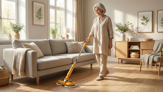 Senior woman smiling while using the Qimedo M2 back-saver electric mop effortlessly without bending.c