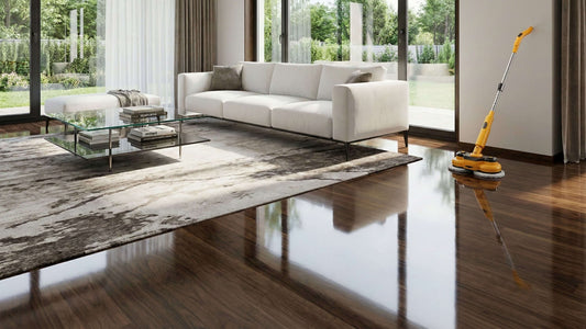 Mirror-like reflection on dark hardwood floors after polishing with Qimedo 800 RPM electric floor buffer.