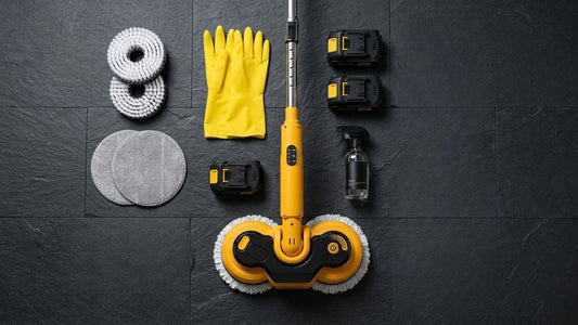 Flat lay of the Qimedo M2 electric floor scrubber and its 8-piece multi-function brush head set.