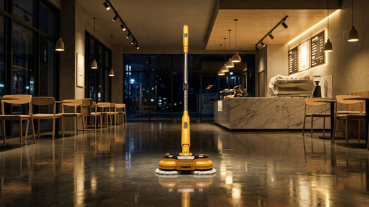 Qimedo M2 power floor scrubber cleaning a large modern commercial space with polished concrete floors.