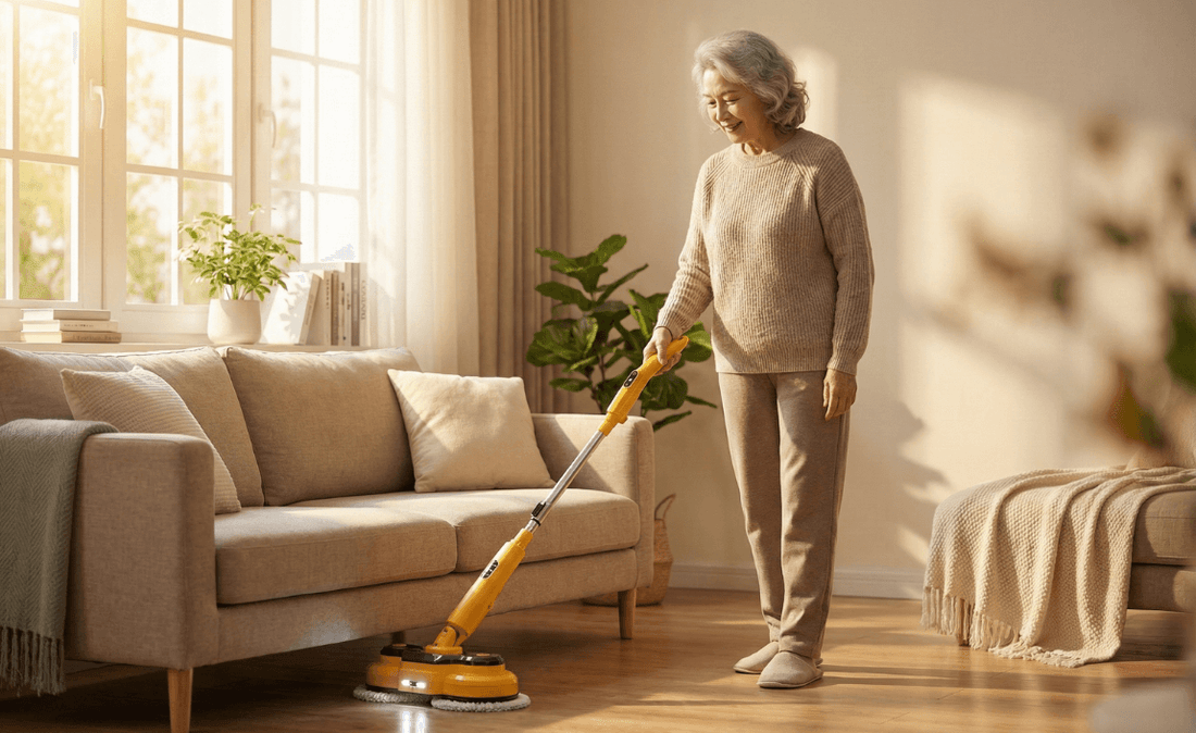 Senior woman using Qimedo cordless electric mop comfortably without bending, best mop for arthritis and back pain.