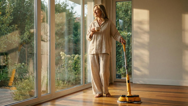 Senior woman enjoying effortless cleaning with self-propelled electric mop, arthritis friendly.