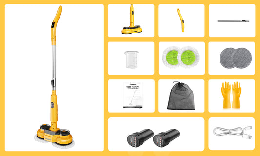 Overview of M2 Cordless Electric Mop Features: Self-standing design, 300ml water spray, LED headlight for dark corners, self-propelled one-hand operation, 134min detachable battery, and full accessory kit.