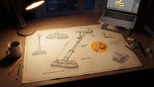 Qimedo high-torque motor technology and flexible brush head detail, providing deep cleaning power without heavy lifting.