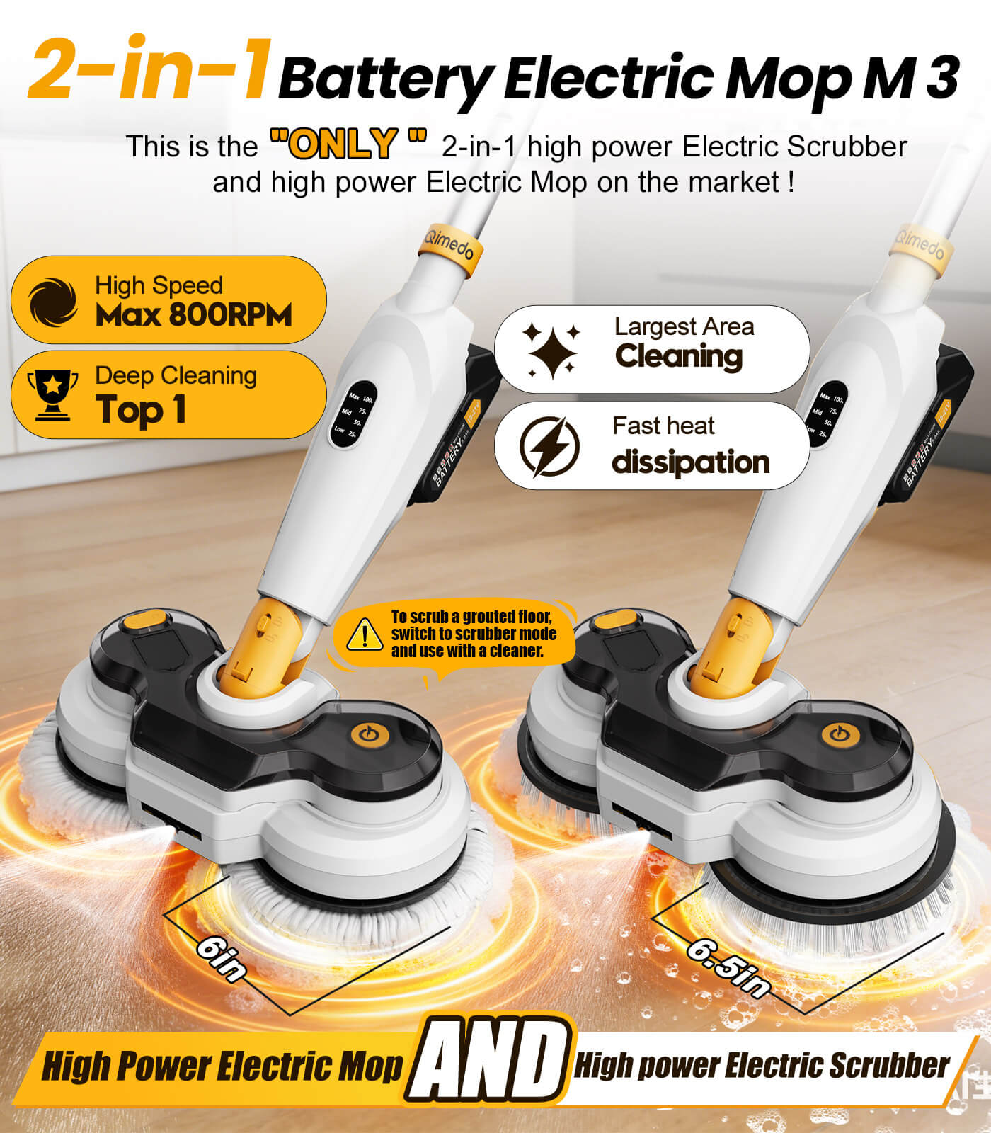 qimedo Battery Electric Mop M3, 800RPM Cordless Electric Power Scrubber & Mops Qimedo