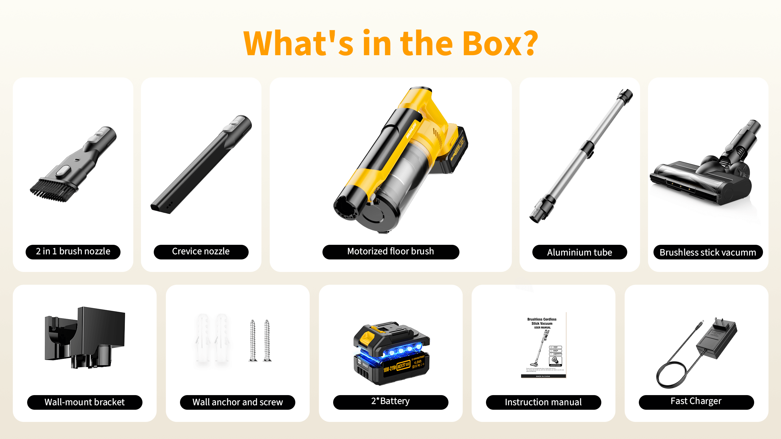 Accessories included with Qimedo V1 cordless vacuum cleaner package