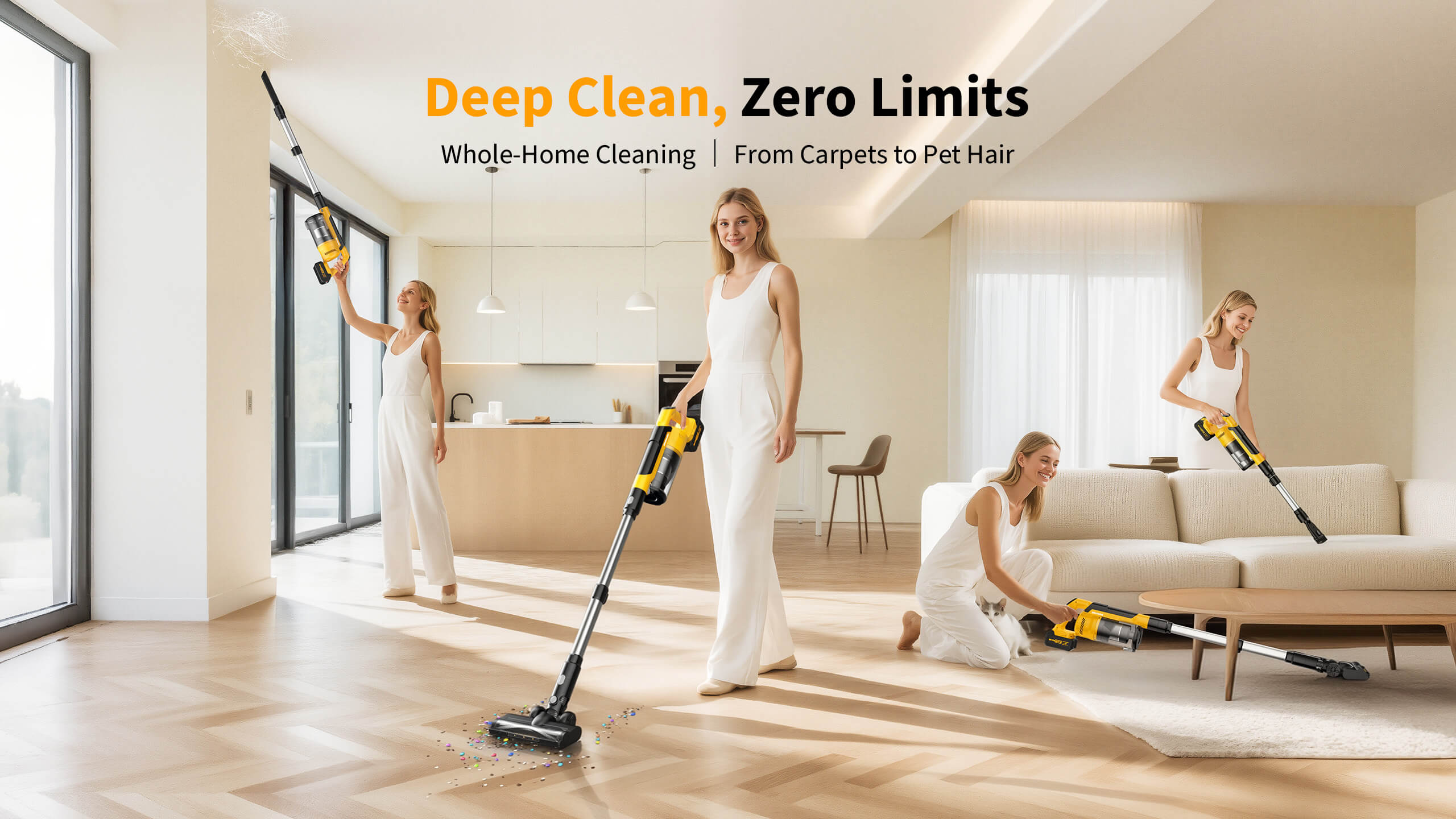 Woman using Qimedo V1 cordless vacuum for whole-home cleaning