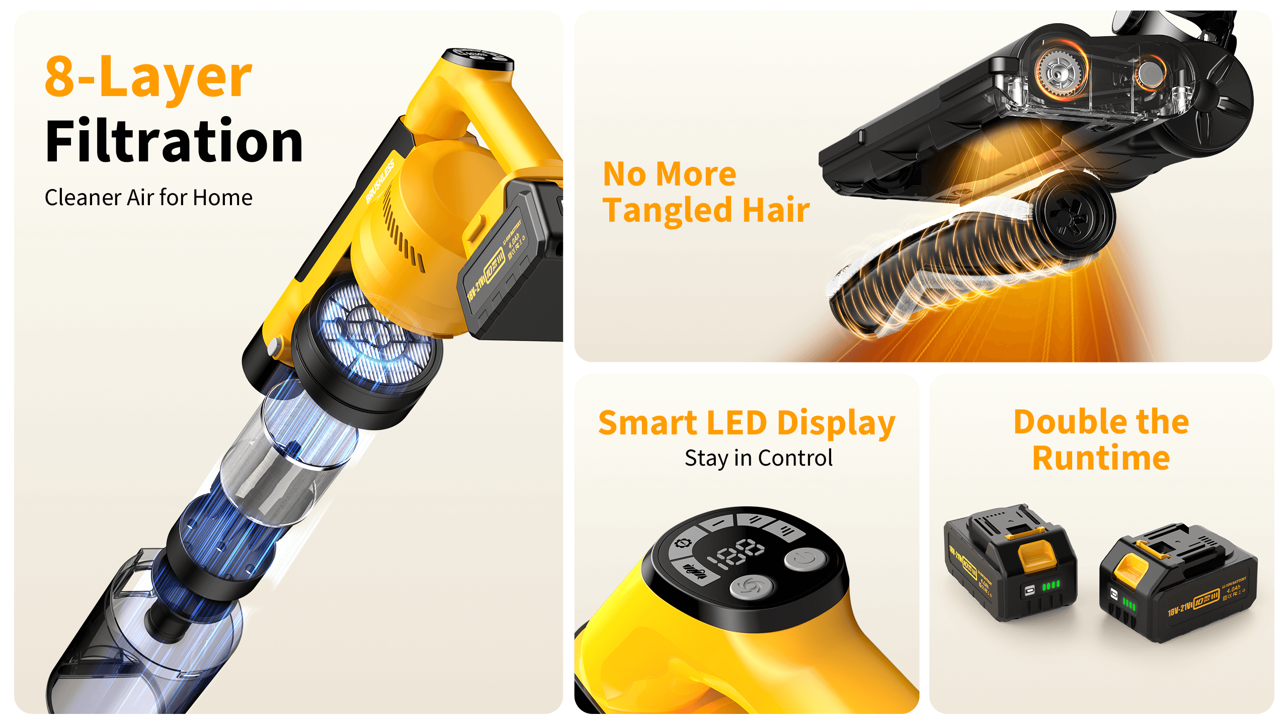 Cordless vacuum with HEPA filter, LED display, and double battery