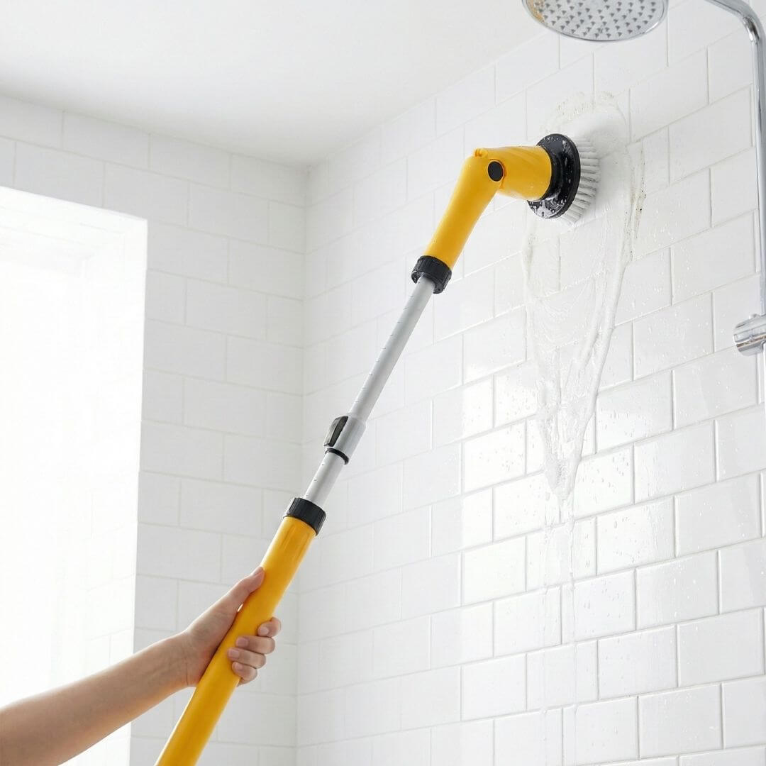Qimedo electric spin scrubber cleaning white shower tile walls with soap foam.