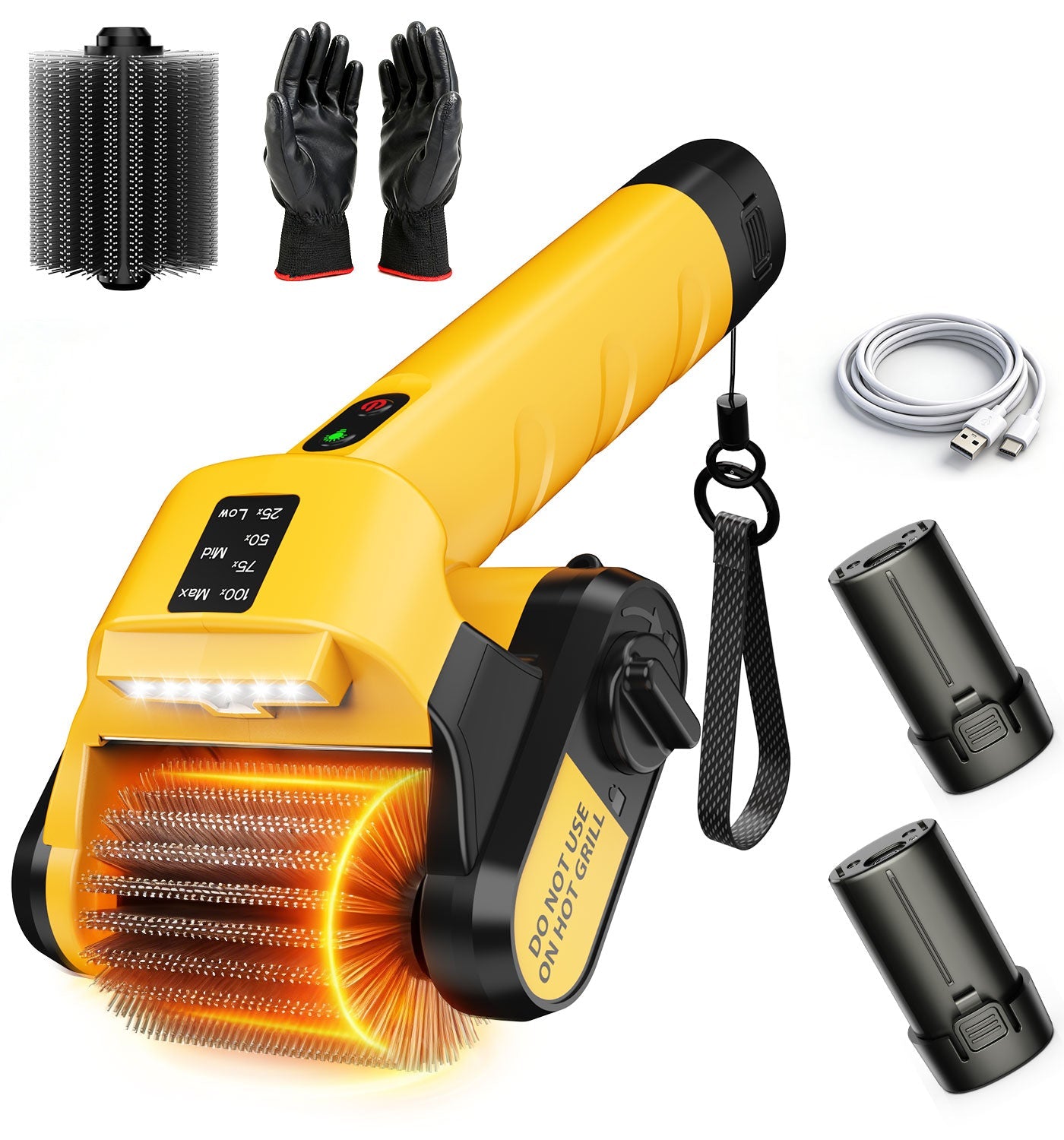 Complete electric BBQ brush gift set including heavy-duty scraper, extra brush heads, and fast charger. 
