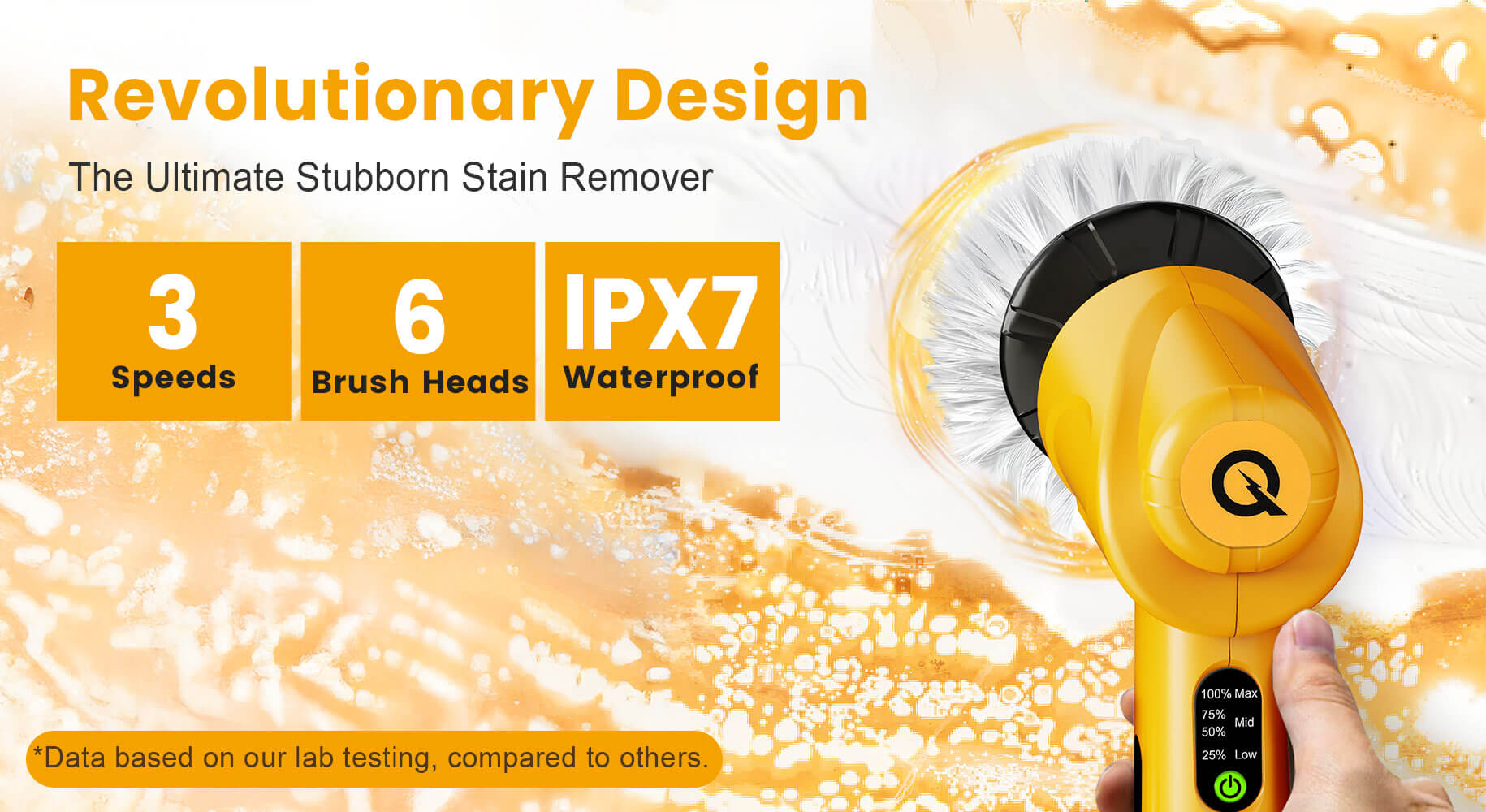 Infographic showcasing the revolutionary design of the electric spin scrubber with its 3 speeds, 6 brush heads, and IPX7 waterproof rating