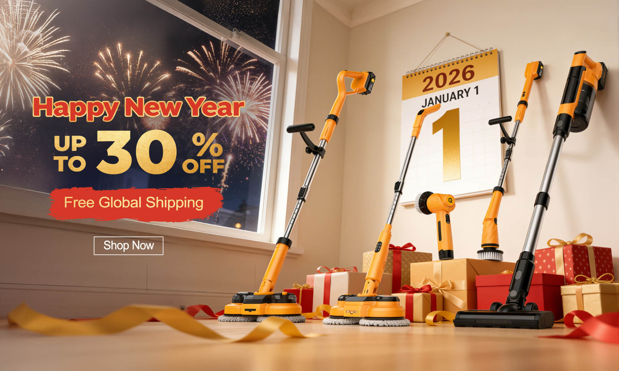 Qimedo cordless cleaning tools set in a cozy room with 2026 calendar, gift boxes and fireworks outside the window