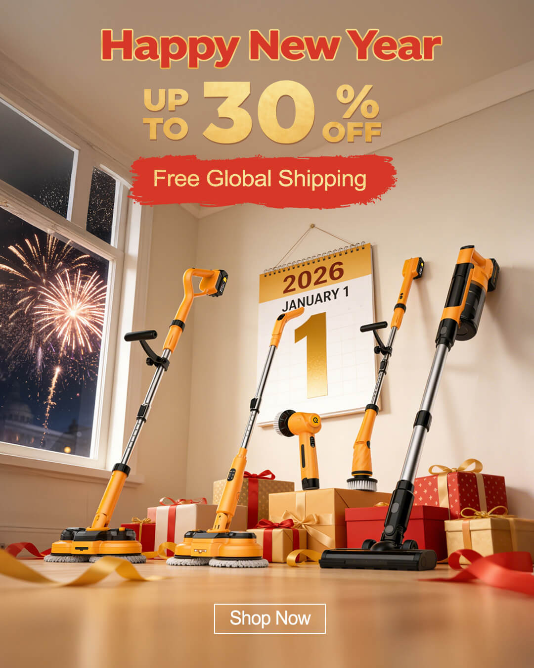 Electric Spin Scrubber New Year Sale 2026 - Up to 30% Off. Cordless power cleaning brush set with multiple heads for bathroom, floor, and tile. Free global shipping.