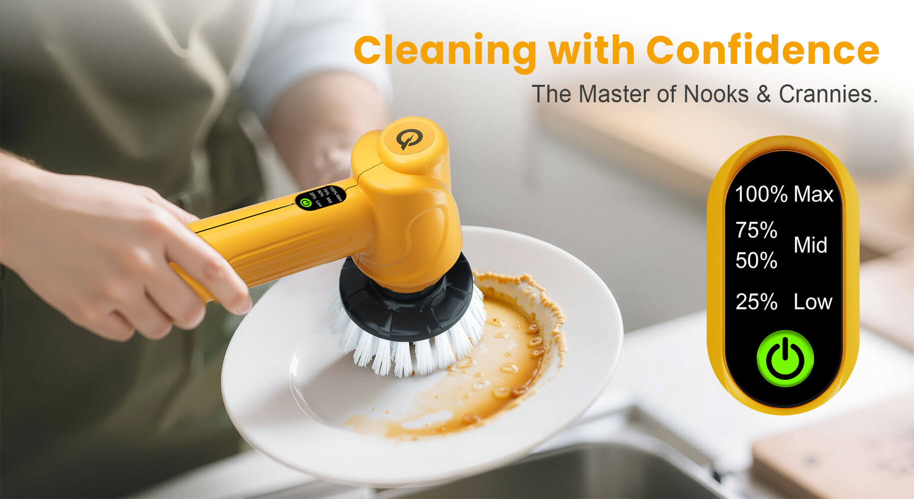 A close-up of the Qimedo power scrubber easily removing stubborn sauce stains from a plate, with a graphic showing the power level display.