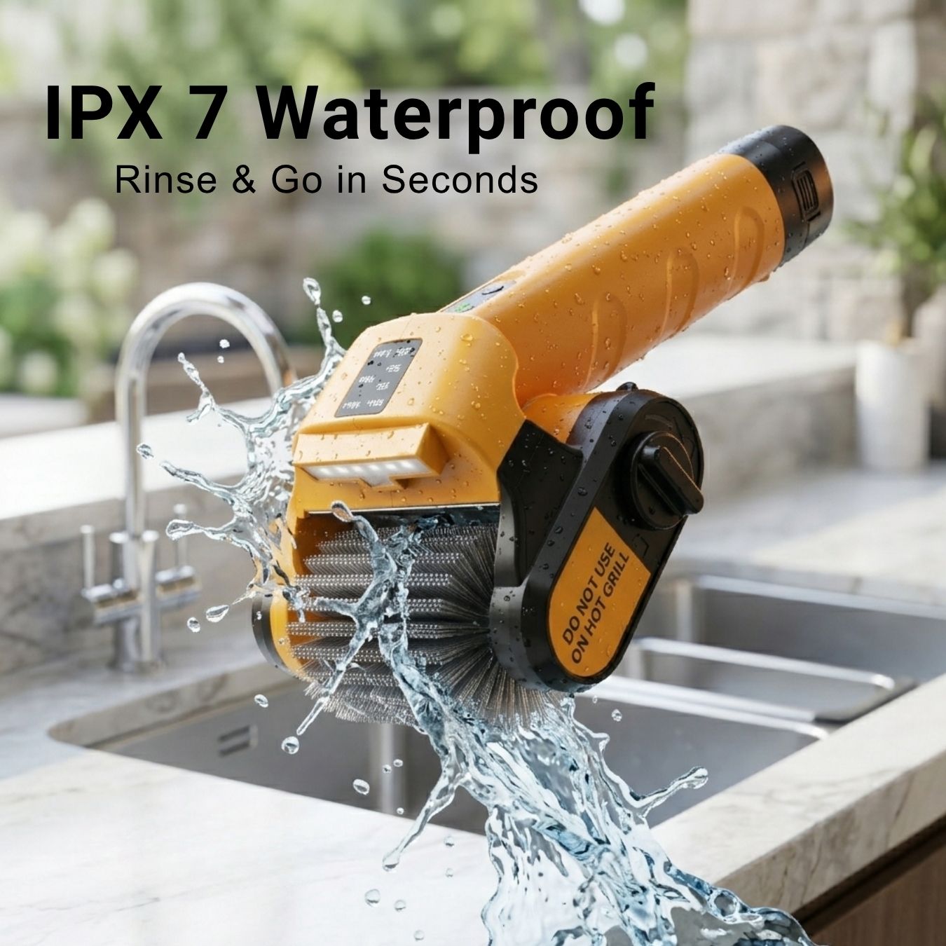 washable-bbq-cleaner.jpg	IPX7 waterproof electric BBQ cleaner head being rinsed under water for easy post-grill cleanup. 
