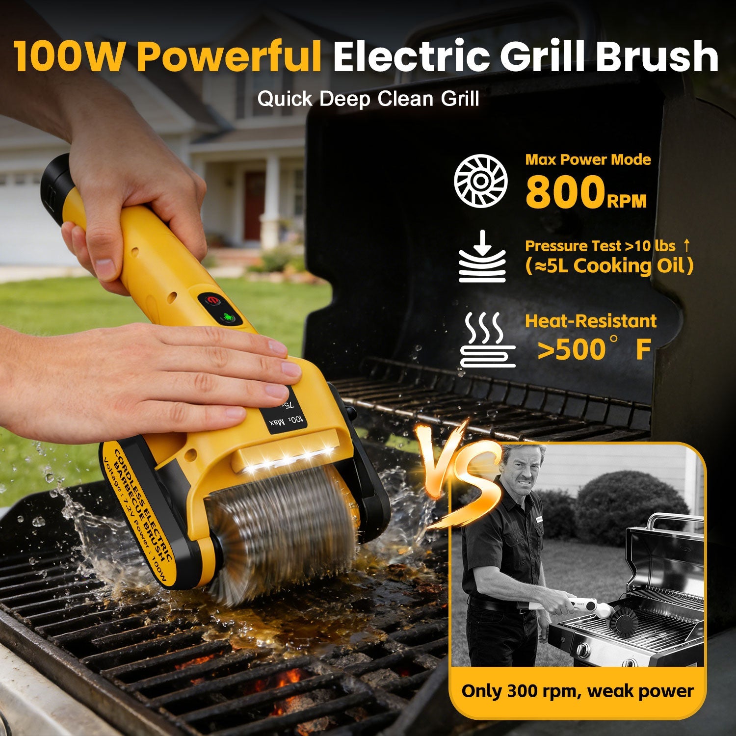 cleaner-770rpm-cast-iron.jpg	Motorized grill cleaner with 770 RPM rotary power removing grease from cast iron grates effortlessly. 
