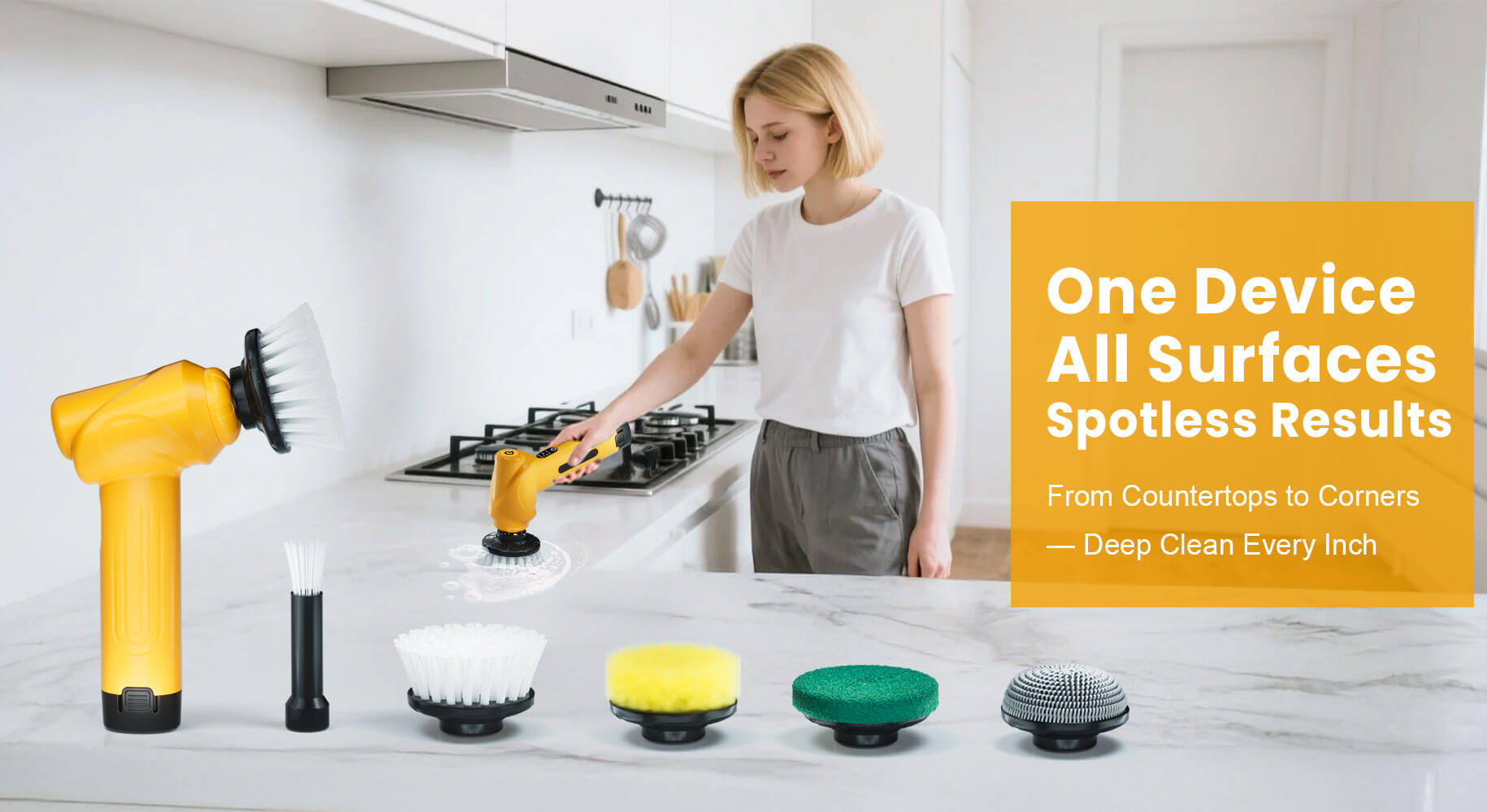 The Qimedo Q4 electric scrubber shown with its versatile set of brush heads, designed for cleaning all surfaces from countertops to corners.