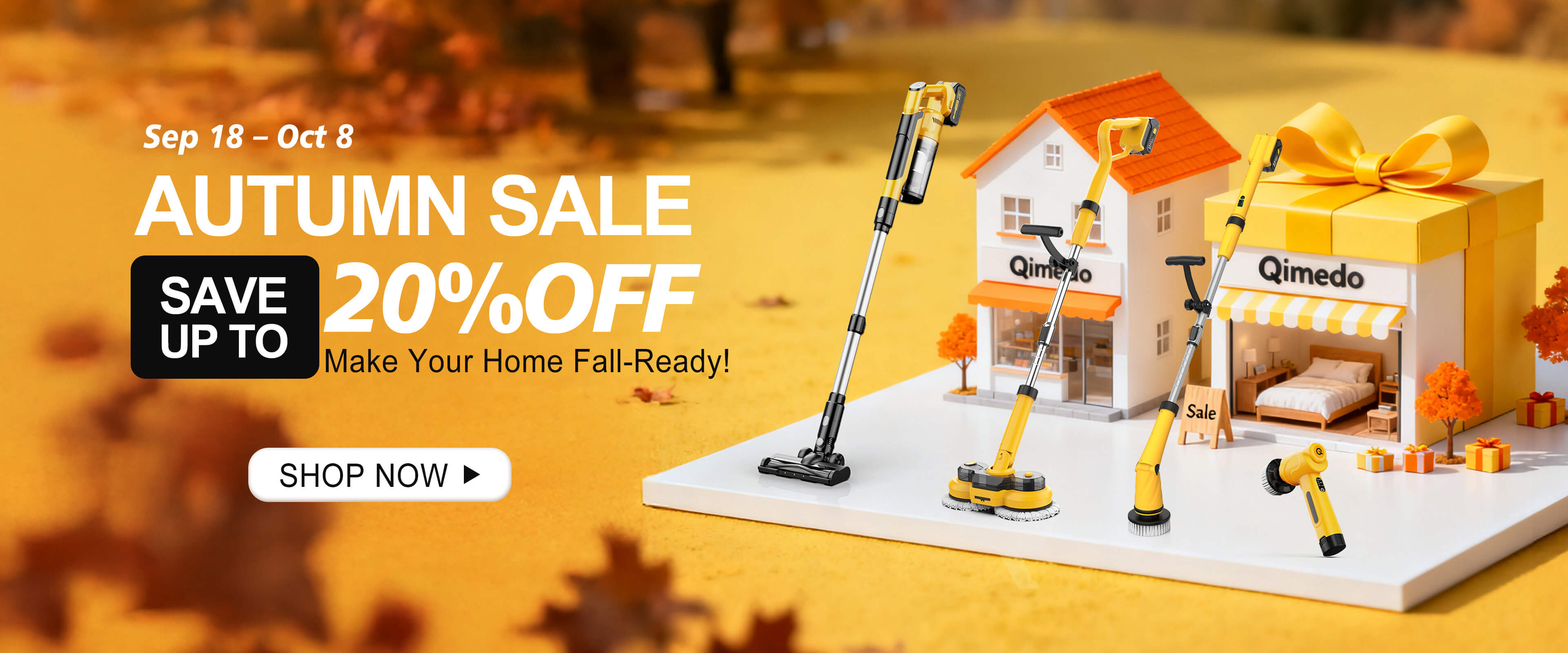 Qimedo Autumn Sale - Save up to 20% off on cordless vacuum, spin mop, and electric scrubbers. Limited time offer Sep 18 - Oct 8.