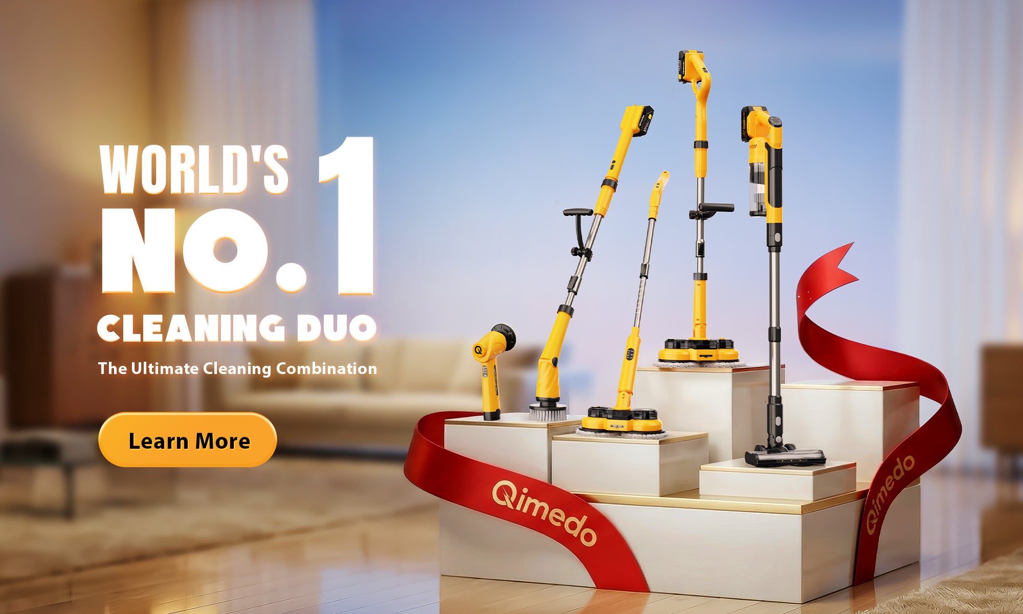 Qimedo ultimate cleaning duo including cordless stick vacuum and electric spin scrubbers displayed on white pedestals with a red ribbon.