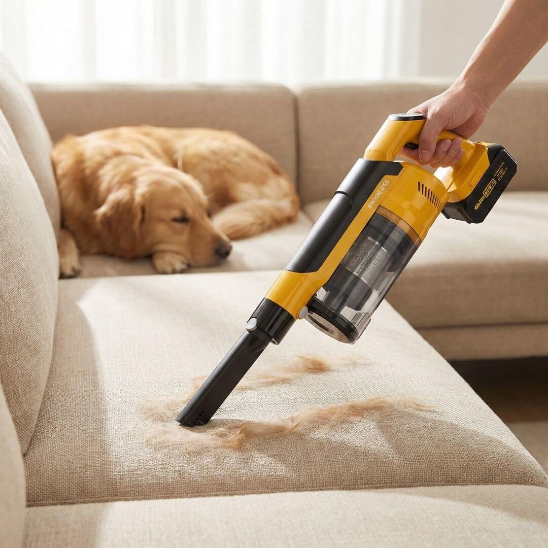 Qimedo yellow cordless stick vacuum cleaning a beige area rug in a sunny living room.