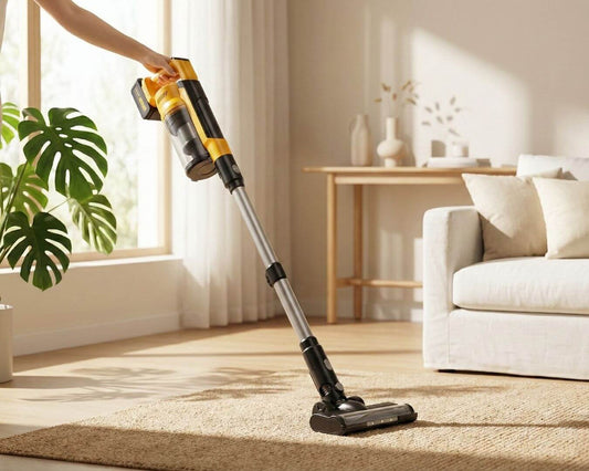 Qimedo Cordless Stick Vacuum Cleaner, yellow and black model, standing on living room rug.