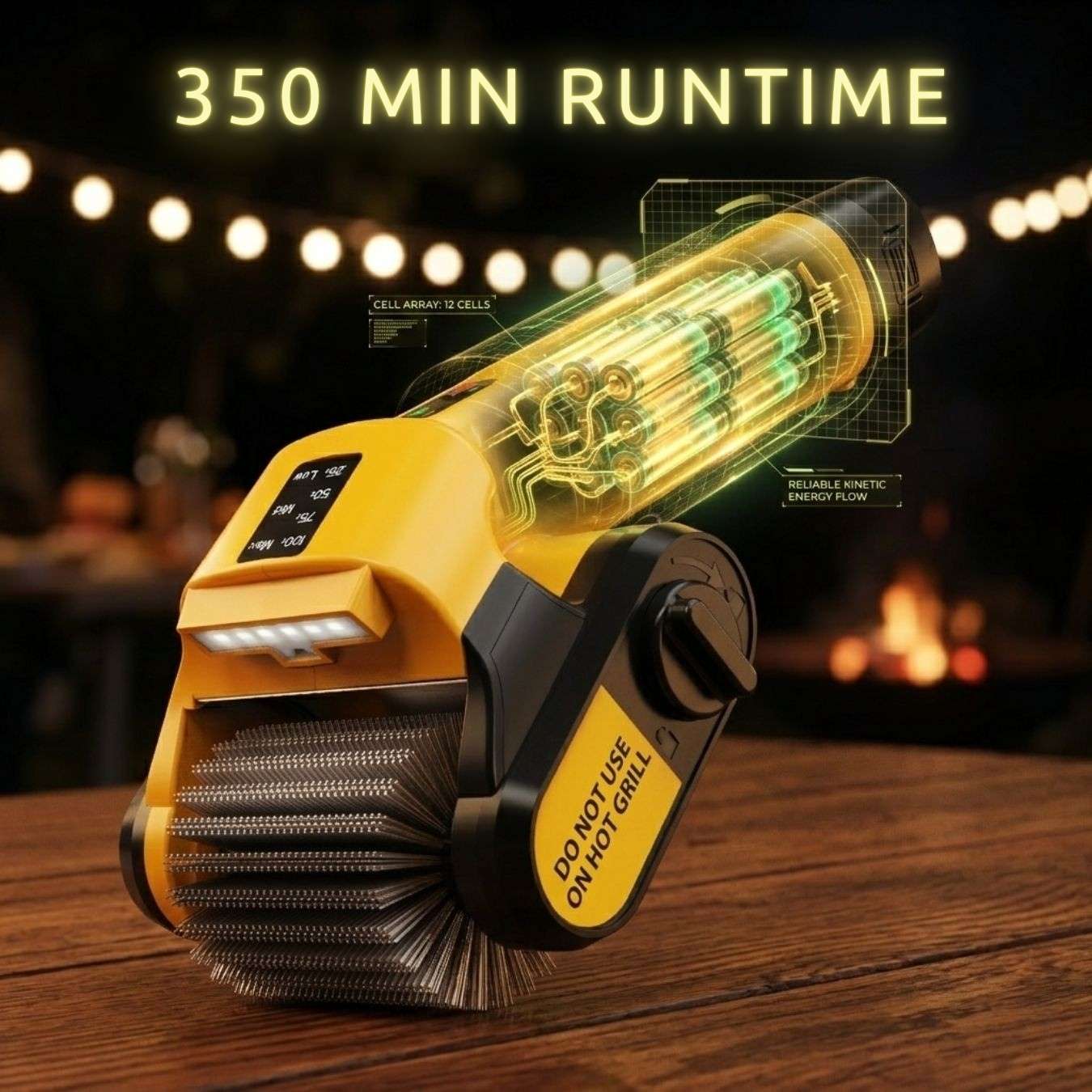 Qimedo Electric Grill Brush with 5000mAh battery and 350 mins runtime for backyard BBQ cleaning.