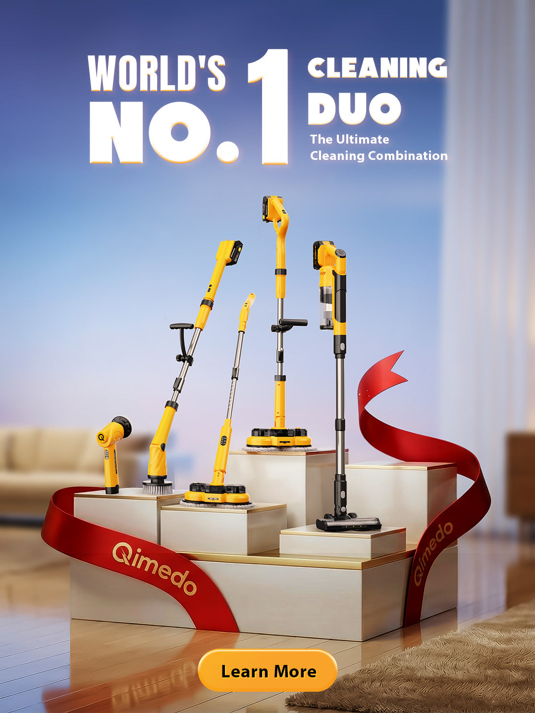 Qimedo ultimate cleaning duo including cordless stick vacuum and electric spin scrubbers displayed on white pedestals with a red ribbon.