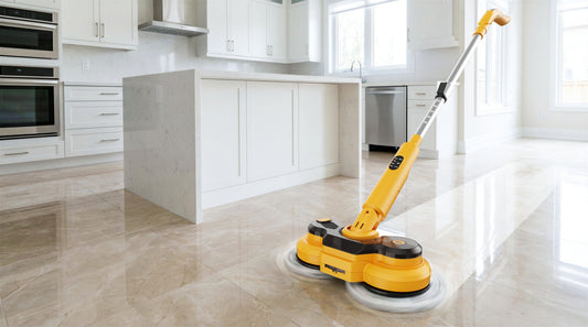 Qimedo Electric Spin Mop, yellow cordless floor cleaner with dual spinning heads on kitchen tile floor