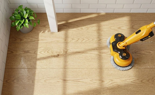 Qimedo Electric Spin Mop cordless floor cleaner working on hardwood floor in sunny living room.