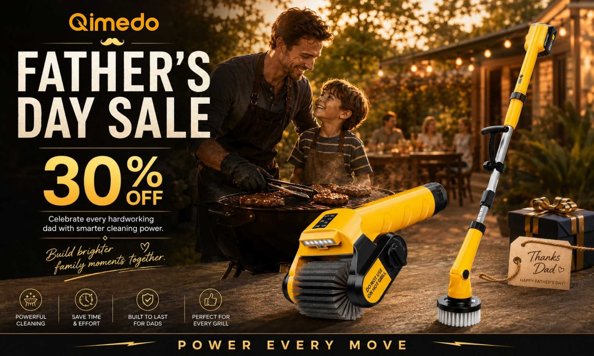 Qimedo Father’s Day Sale poster featuring 30% off electric grill brush and telescopic cleaning brush for family cleaning moments.