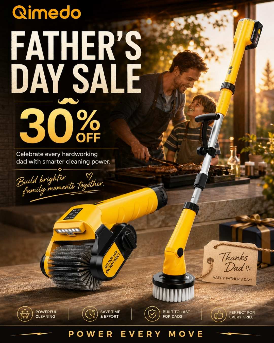 Qimedo Father’s Day website banner showing 30% off electric cleaning tools for dads, grilling, and family moments.