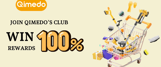 Join Qimedo’s Club and win 100% rewards. A shopping cart filled with Qimedo smart cleaning tools