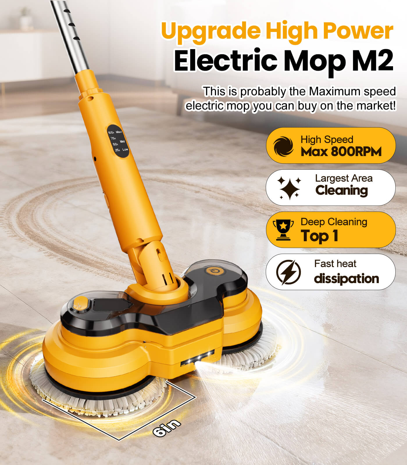 Qimedo M2 Electric Mop running at max 800 RPM for deep floor cleaning.