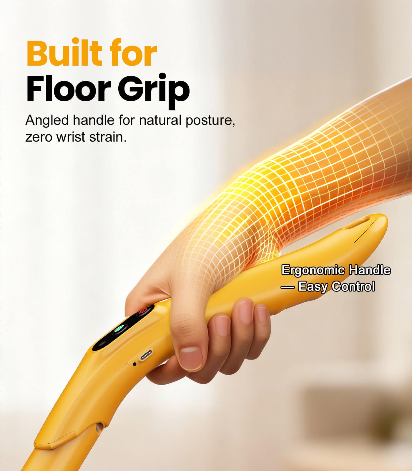 Ergonomic Qimedo M2 handle with angled grip for comfort and control.